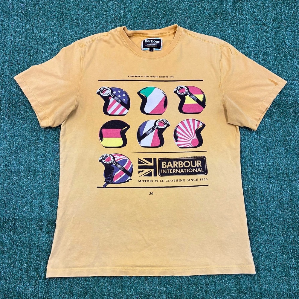 Vintage Barbour International Motocycle Helmet Mustard Yellow Graphic T-shirt